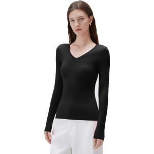 image:imageSUUKSESS Cloud Cashmere Women V Neck Fitted Long Sleeve Shirt Basic Soft Knit TopsBlack