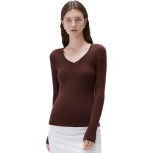 image:imageSUUKSESS Cloud Cashmere Women V Neck Fitted Long Sleeve Shirt Basic Soft Knit TopsDark Brown