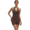 image:imageSUUKSESS Women 2 Piece Halter Open Back Workout Sets Padded Tank Top High Waisted Tummy Control Biker Shorts with PocketsBrown