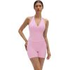 image:imageSUUKSESS Women 2 Piece Halter Open Back Workout Sets Padded Tank Top High Waisted Tummy Control Biker Shorts with PocketsPink