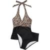 image:imageSUUKSESS Women Sexy Halter Tankini Bathing Suits Slimming Tummy Control High Waisted Swimsuits 2 Piece06 Leopard Black
