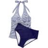 image:imageSUUKSESS Women Sexy Halter Tankini Bathing Suits Slimming Tummy Control High Waisted Swimsuits 2 Piece06 White Blue Striped