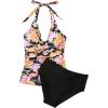 image:imageSUUKSESS Women Sexy Halter Tankini Bathing Suits Slimming Tummy Control High Waisted Swimsuits 2 PieceColorful Floral Black