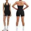 image:imageSUUKSESS Women 2 Piece Halter Open Back Workout Sets Padded Tank Top High Waisted Tummy Control Biker Shorts with PocketsBlack