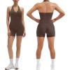 image:imageSUUKSESS Women 2 Piece Halter Open Back Workout Sets Padded Tank Top High Waisted Tummy Control Biker Shorts with PocketsBrown