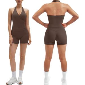 image:imageSUUKSESS Women 2 Piece Halter Open Back Workout Sets Padded Tank Top High Waisted Tummy Control Biker Shorts with PocketsBrown
