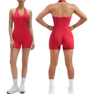 image:imageSUUKSESS Women 2 Piece Halter Open Back Workout Sets Padded Tank Top High Waisted Tummy Control Biker Shorts with PocketsRed
