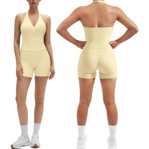 image:imageSUUKSESS Women 2 Piece Halter Open Back Workout Sets Padded Tank Top High Waisted Tummy Control Biker Shorts with PocketsYellow