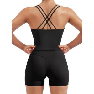 image:imageSUUKSESS Women 2 Piece Workout Sets Built in Bra Open Back Tank Tops High Waisted Biker Shorts with PocketsBlack