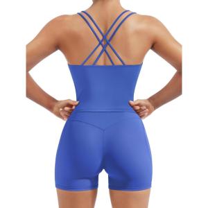 image:imageSUUKSESS Women 2 Piece Workout Sets Built in Bra Open Back Tank Tops High Waisted Biker Shorts with PocketsBlue