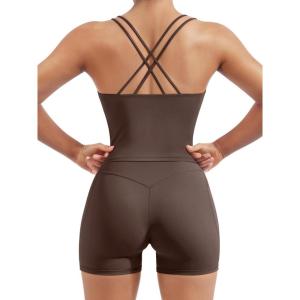 image:imageSUUKSESS Women 2 Piece Workout Sets Built in Bra Open Back Tank Tops High Waisted Biker Shorts with PocketsBrown