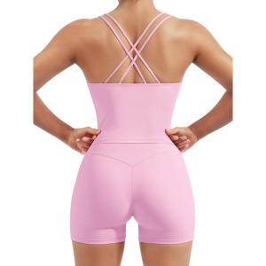 image:imageSUUKSESS Women 2 Piece Workout Sets Built in Bra Open Back Tank Tops High Waisted Biker Shorts with PocketsPink