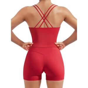image:imageSUUKSESS Women 2 Piece Workout Sets Built in Bra Open Back Tank Tops High Waisted Biker Shorts with PocketsRed