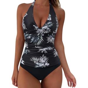 image:imageSUUKSESS Women Sexy Halter Tankini Bathing Suits Slimming Tummy Control High Waisted Swimsuits 2 Piece06 Black Floral
