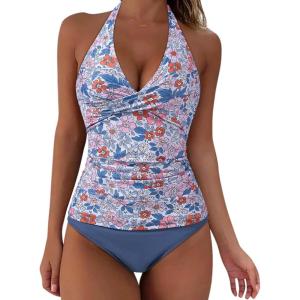 image:imageSUUKSESS Women Sexy Halter Tankini Bathing Suits Slimming Tummy Control High Waisted Swimsuits 2 Piece06 Floral Printed Blue