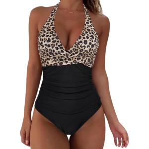 image:imageSUUKSESS Women Sexy Halter Tankini Bathing Suits Slimming Tummy Control High Waisted Swimsuits 2 Piece06 Leopard Black
