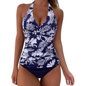 image:imageSUUKSESS Women Sexy Halter Tankini Bathing Suits Slimming Tummy Control High Waisted Swimsuits 2 Piece06 Navy Blue Floral