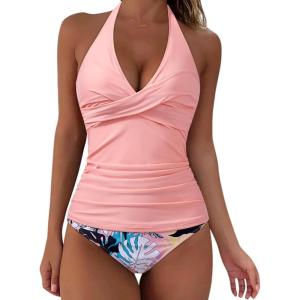 image:imageSUUKSESS Women Sexy Halter Tankini Bathing Suits Slimming Tummy Control High Waisted Swimsuits 2 Piece06 Pink Floral