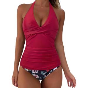 image:imageSUUKSESS Women Sexy Halter Tankini Bathing Suits Slimming Tummy Control High Waisted Swimsuits 2 Piece06 Red Floral