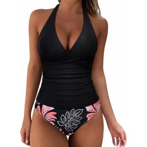 image:imageSUUKSESS Women Sexy Halter Tankini Bathing Suits Slimming Tummy Control High Waisted Swimsuits 2 Piece06 Vintage Floral Black