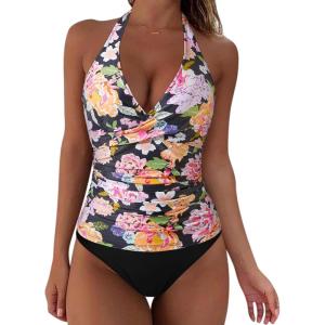 image:imageSUUKSESS Women Sexy Halter Tankini Bathing Suits Slimming Tummy Control High Waisted Swimsuits 2 PieceColorful Floral Black