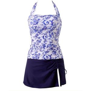 image:imageSUUKSESS Women Tummy Control Tankini Swimsuits with Skirt Backless Bathing SuitNavy Blue Floral