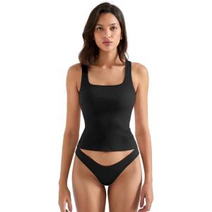 image:imageSUUKSESS Women Cotton Rib Squre Neck Tops Sleeveless Summer Padded Basic Tank Top01 Black