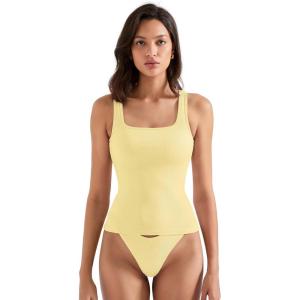 image:imageSUUKSESS Women Cotton Rib Squre Neck Tops Sleeveless Summer Padded Basic Tank Top05 Yellow
