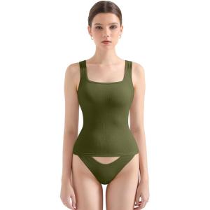image:imageSUUKSESS Women Cotton Rib Squre Neck Tops Sleeveless Summer Padded Basic Tank Top10 Army Green