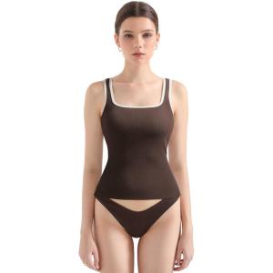 image:imageSUUKSESS Women Cotton Rib Squre Neck Tops Sleeveless Summer Padded Basic Tank Top12 Brownwhite