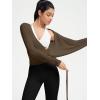 image:imageSUUKSESS Women Pilates Wrap Workout Cropped Top Ribbed Long Sleeve V Neck Tie Front Ballet Yoga Shrug BlouseBrown