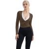 image:imageSUUKSESS Women Pilates Wrap Workout Cropped Top Ribbed Long Sleeve V Neck Tie Front Ballet Yoga Shrug BlouseBrown
