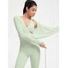 image:imageSUUKSESS Women Pilates Wrap Workout Cropped Top Ribbed Long Sleeve V Neck Tie Front Ballet Yoga Shrug BlouseLight Green