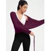 image:imageSUUKSESS Women Pilates Wrap Workout Cropped Top Ribbed Long Sleeve V Neck Tie Front Ballet Yoga Shrug BlousePurple