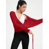 image:imageSUUKSESS Women Pilates Wrap Workout Cropped Top Ribbed Long Sleeve V Neck Tie Front Ballet Yoga Shrug BlouseRed