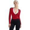 image:imageSUUKSESS Women Pilates Wrap Workout Cropped Top Ribbed Long Sleeve V Neck Tie Front Ballet Yoga Shrug BlouseRed
