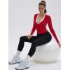 image:imageSUUKSESS Women Pilates Wrap Workout Cropped Top Ribbed Long Sleeve V Neck Tie Front Ballet Yoga Shrug BlouseRed