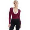 image:imageSUUKSESS Women Pilates Wrap Workout Cropped Top Ribbed Long Sleeve V Neck Tie Front Ballet Yoga Shrug BlouseWine Red