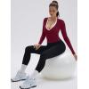 image:imageSUUKSESS Women Pilates Wrap Workout Cropped Top Ribbed Long Sleeve V Neck Tie Front Ballet Yoga Shrug BlouseWine Red