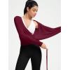 image:imageSUUKSESS Women Pilates Wrap Workout Cropped Top Ribbed Long Sleeve V Neck Tie Front Ballet Yoga Shrug BlouseWine Red