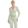 image:imageSUUKSESS Women Pilates Wrap Workout Cropped Top Ribbed Long Sleeve V Neck Tie Front Ballet Yoga Shrug BlouseLight Green
