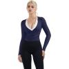 image:imageSUUKSESS Women Pilates Wrap Workout Cropped Top Ribbed Long Sleeve V Neck Tie Front Ballet Yoga Shrug BlouseNavy Blue