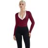 image:imageSUUKSESS Women Pilates Wrap Workout Cropped Top Ribbed Long Sleeve V Neck Tie Front Ballet Yoga Shrug BlouseWine Red