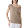 image:imageSUUKSESS Women Silk Cashmere Blend Off The Shoulder Tops Summer Lightweight Knit Trendy Sweaters Loose Fit Shirts05 Khaki