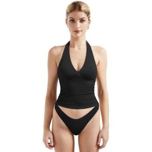image:imageSUUKSESS Women Halter Backless Tank Tops with Built in Bra Double Lined V Neck Y2k Going Out TopsBlack