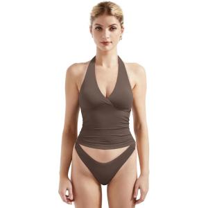 image:imageSUUKSESS Women Halter Backless Tank Tops with Built in Bra Double Lined V Neck Y2k Going Out TopsBrown