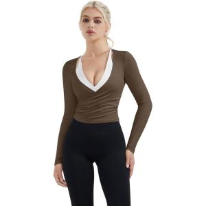 image:imageSUUKSESS Women Pilates Wrap Workout Cropped Top Ribbed Long Sleeve V Neck Tie Front Ballet Yoga Shrug BlouseBrown