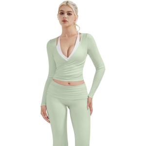 image:imageSUUKSESS Women Pilates Wrap Workout Cropped Top Ribbed Long Sleeve V Neck Tie Front Ballet Yoga Shrug BlouseLight Green
