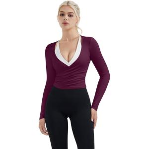 image:imageSUUKSESS Women Pilates Wrap Workout Cropped Top Ribbed Long Sleeve V Neck Tie Front Ballet Yoga Shrug BlousePurple