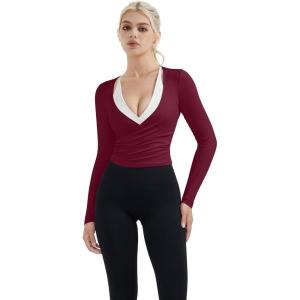 image:imageSUUKSESS Women Pilates Wrap Workout Cropped Top Ribbed Long Sleeve V Neck Tie Front Ballet Yoga Shrug BlouseWine Red